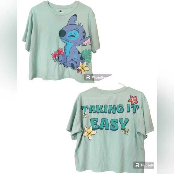 Disney Tops - Disney stitch "taking it easy" oversized cropped turquoise T-shirt adult size M